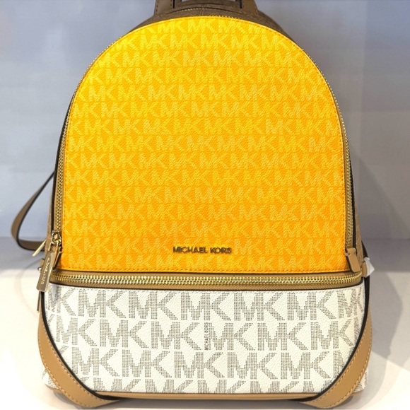 Michael Kors Rhea Medium Color-Block Signature Logo Backpack Pop Orange Multi - Picture 3 of 9